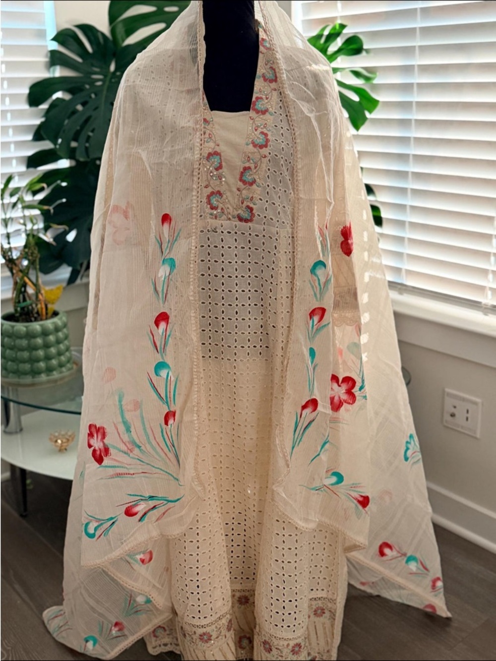 Cotton Anarkali 3-Piece Suit with Hand-Painted Dupatta